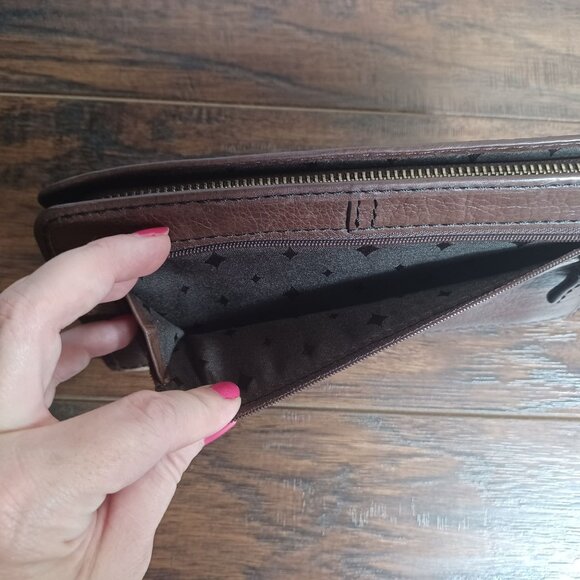 Fossil Wallet Womens Brown Leather Canvas Geometric Zip ID Card Coin - Picture 4 of 10